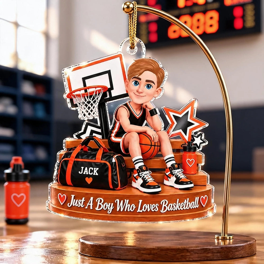 Personalized Acrylic Ornament, Cartoon Boy Sitting with Basketball in Gym, Unique Christmas Gift for Son