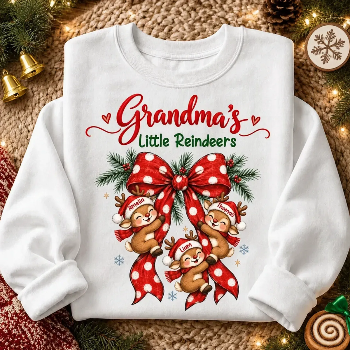 Personalized Grandma Christmas Sweatshirt, Cute Reindeer Hugging Red Bow, Unique Family Gift