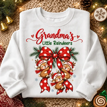 Personalized Grandma Christmas Sweatshirt, Cute Reindeer Hugging Red Bow, Unique Family Gift