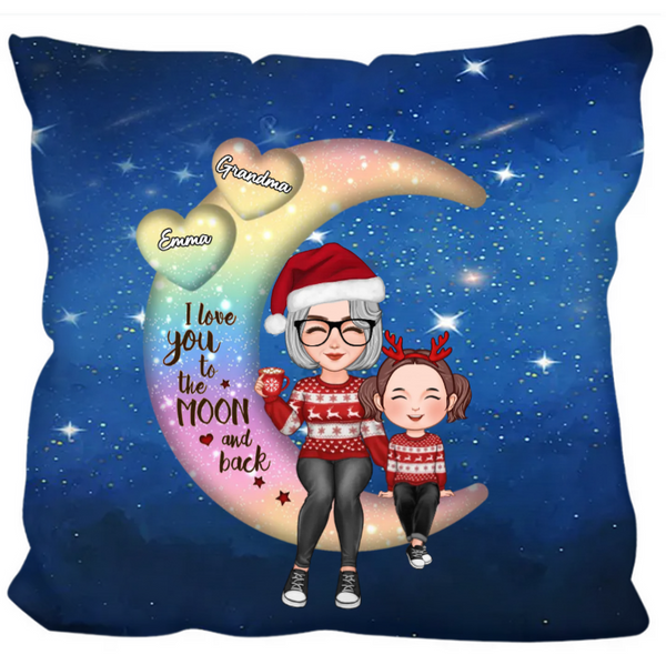 Christmas - Cute Grandma & Grandkid Sitting On Moon - Personalized Pillow or Ornament or Keychain or Plaque or Sign