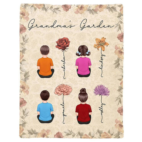 Grandma's Joy - Personalized Blanket with Grandkids & Vintage Birth Month Flowers - A Celebration of Family