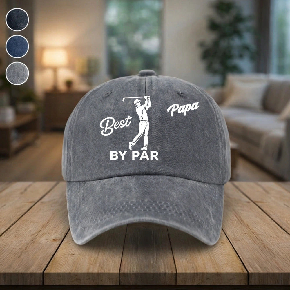 Personalized Washed Denim Baseball Cap with Swinging Golfer Embroidery, Unique Gift for Dad
