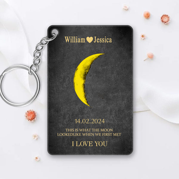 Moonlit Love - Personalized Couple Art with Real Moon Phase - Unique Anniversary & Valentine's Memory Keychain