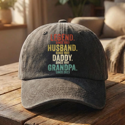 Personalized Washed Denim Baseball Cap with Legend Husband Daddy Quote - Vintage Look Everyday Wear Unique Gift for Dad
