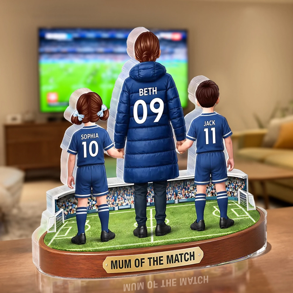 Personalized Shaped Acrylic Block Plaque Soccer Mom Holding Hands with Kids Keepsake, Mum of the Match Gift