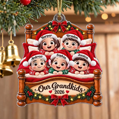 Personalized Acrylic Ornament with Smiling Grandkids in a Christmas Bed, Unique Keepsake Gift for Grandma & Grandpa