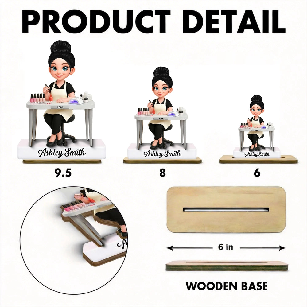 Personalized 2-Layer Wooden Plaque Nail Technician Desk Scene Cute Cartoon Style Unique Gift For Salon Workspaces
