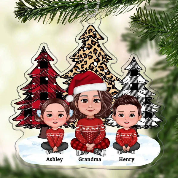 Leopard Checkered Pattern Christmas Tree Grandma And Grandkids Personalized Acrylic Ornament - A Unique and Personalized Gift