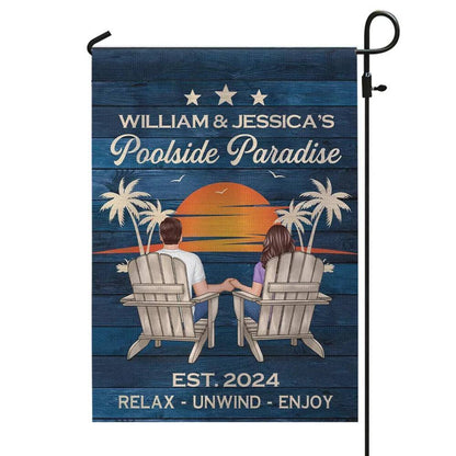 Relaxing Poolside Paradise Decor with Optional Flag Background Couple Sitting Personalized Flag, Sign, Vase - Perfect for Garden, Housewarming, Birthday, Anniversary Gift for Him, Her