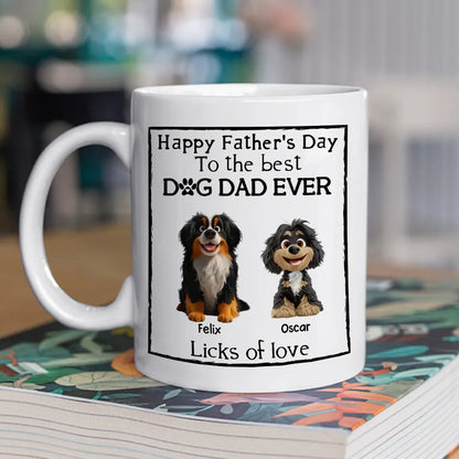 Happy Father’s Day Mug – Cartoon Dogs Sitting Together with Licks of Love – Personalized Gift for Dog Dads