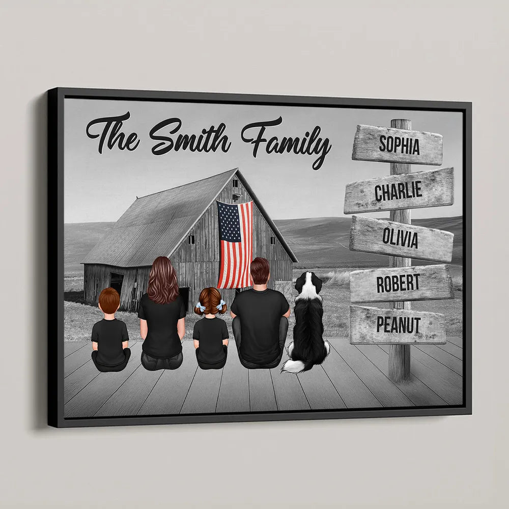 Names on Signpost Family Canvas – Sitting Together Poster with Barn Background – Gift For Family, Dad, Mom