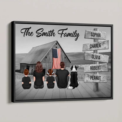 Names on Signpost Family Canvas – Sitting Together Poster with Barn Background – Gift For Family, Dad, Mom
