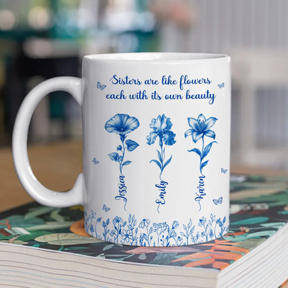 Sisterhood Mug with Names and Flowers – Personalized Floral Gift for Sister or Best Friend