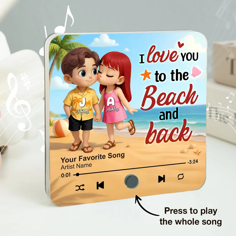 "My Favorite Place In All The World Is Next To You" – Personalized Couple Music Fridge Magnet with Beach Illustration