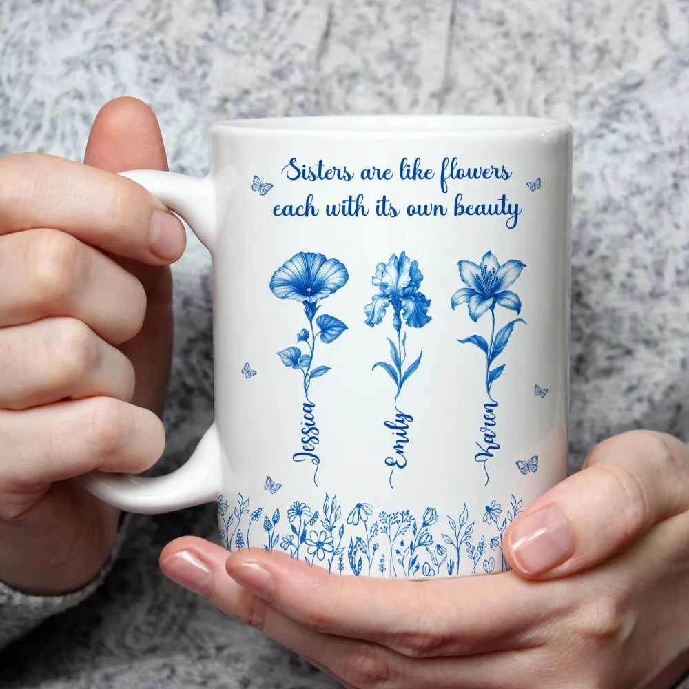 Sisterhood Mug with Names and Flowers – Personalized Floral Gift for Sister or Best Friend