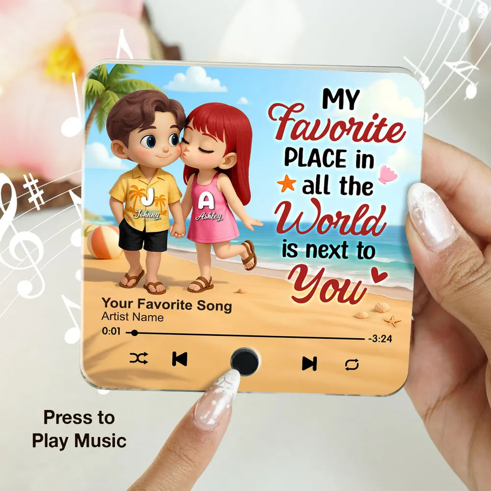 "My Favorite Place In All The World Is Next To You" – Personalized Couple Music Fridge Magnet with Beach Illustration