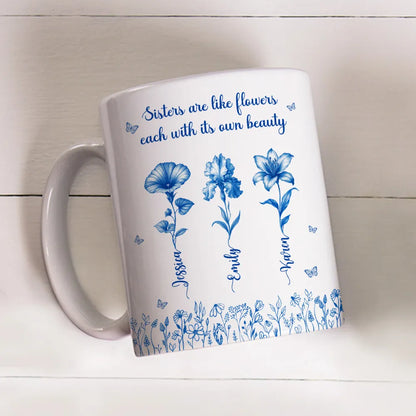 Sisterhood Mug with Names and Flowers – Personalized Floral Gift for Sister or Best Friend