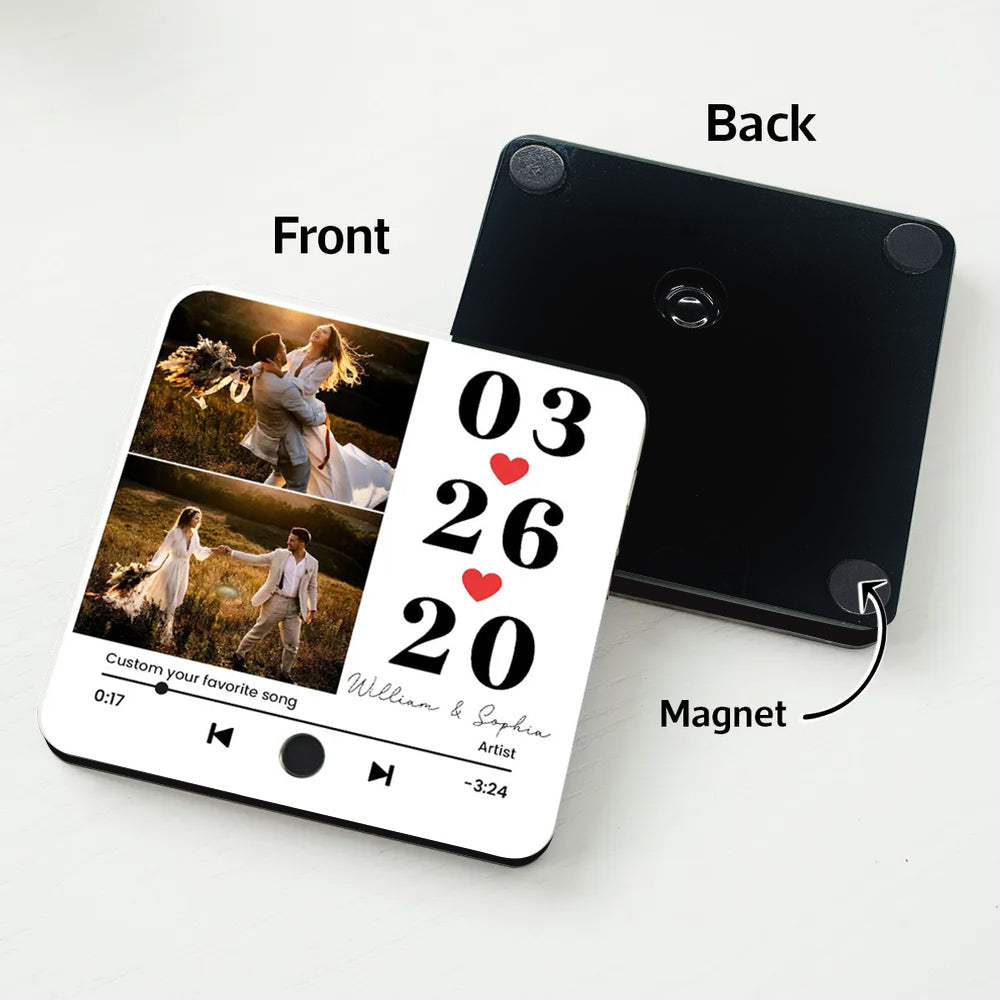 Custom Anniversary Music Magnet – Date, Names, and Photo with Favorite Song Display