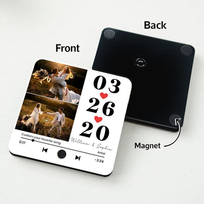 Custom Anniversary Music Magnet – Date, Names, and Photo with Favorite Song Display