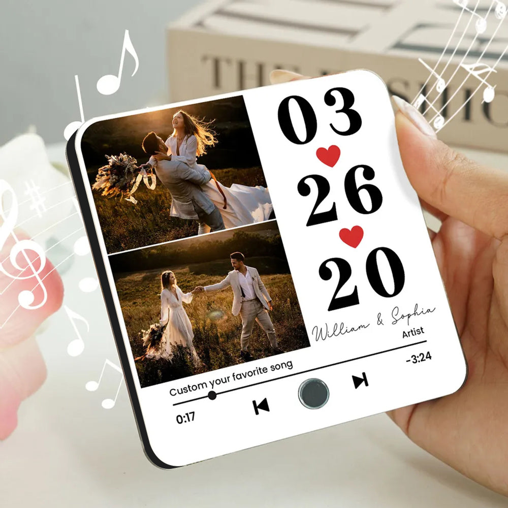 Custom Anniversary Music Magnet – Date, Names, and Photo with Favorite Song Display