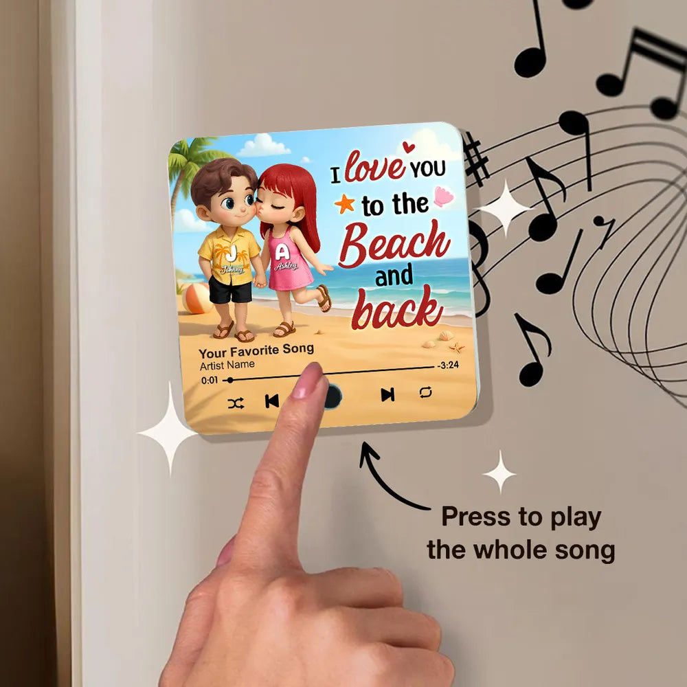 "My Favorite Place In All The World Is Next To You" – Personalized Couple Music Fridge Magnet with Beach Illustration