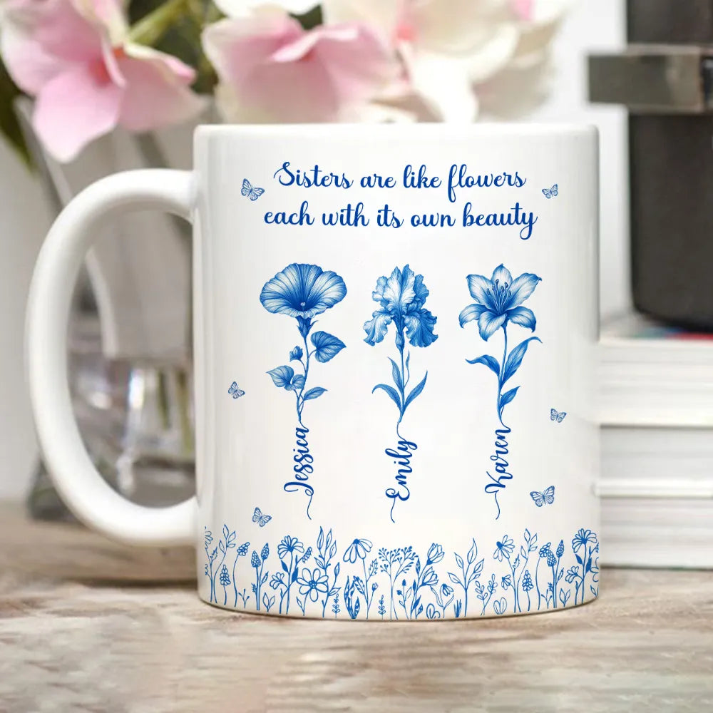 Sisterhood Mug with Names and Flowers – Personalized Floral Gift for Sister or Best Friend