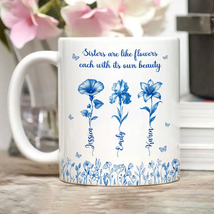 Sisterhood Mug with Names and Flowers – Personalized Floral Gift for Sister or Best Friend