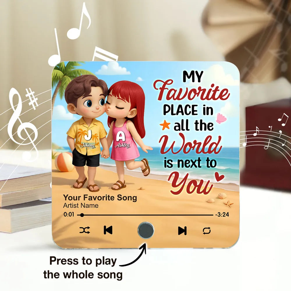 "My Favorite Place In All The World Is Next To You" – Personalized Couple Music Fridge Magnet with Beach Illustration