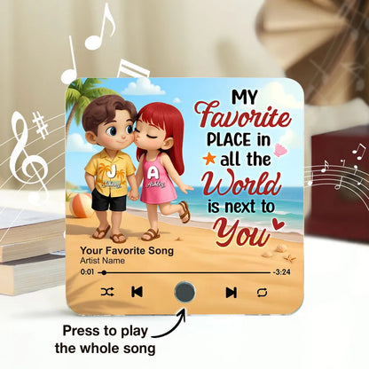 "My Favorite Place In All The World Is Next To You" – Personalized Couple Music Fridge Magnet with Beach Illustration