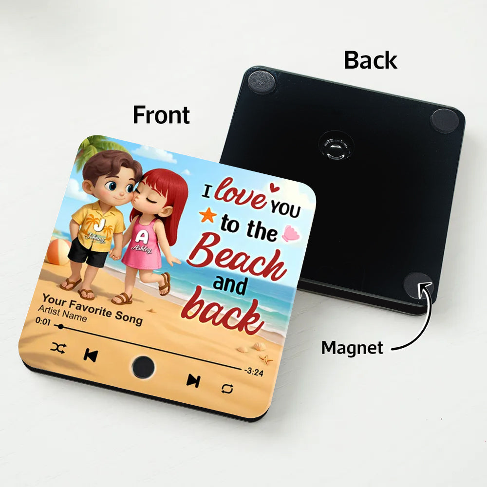 "My Favorite Place In All The World Is Next To You" – Personalized Couple Music Fridge Magnet with Beach Illustration