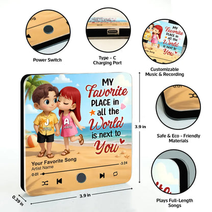 "My Favorite Place In All The World Is Next To You" – Personalized Couple Music Fridge Magnet with Beach Illustration