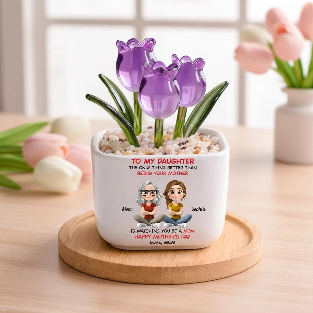 Personalized Square Glass Planter with Purple Tulips, Sitting Mother Daughter Cartoon, Unique Gift from Mom
