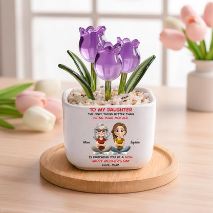 Personalized Square Glass Planter with Purple Tulips, Sitting Mother Daughter Cartoon, Unique Gift from Mom