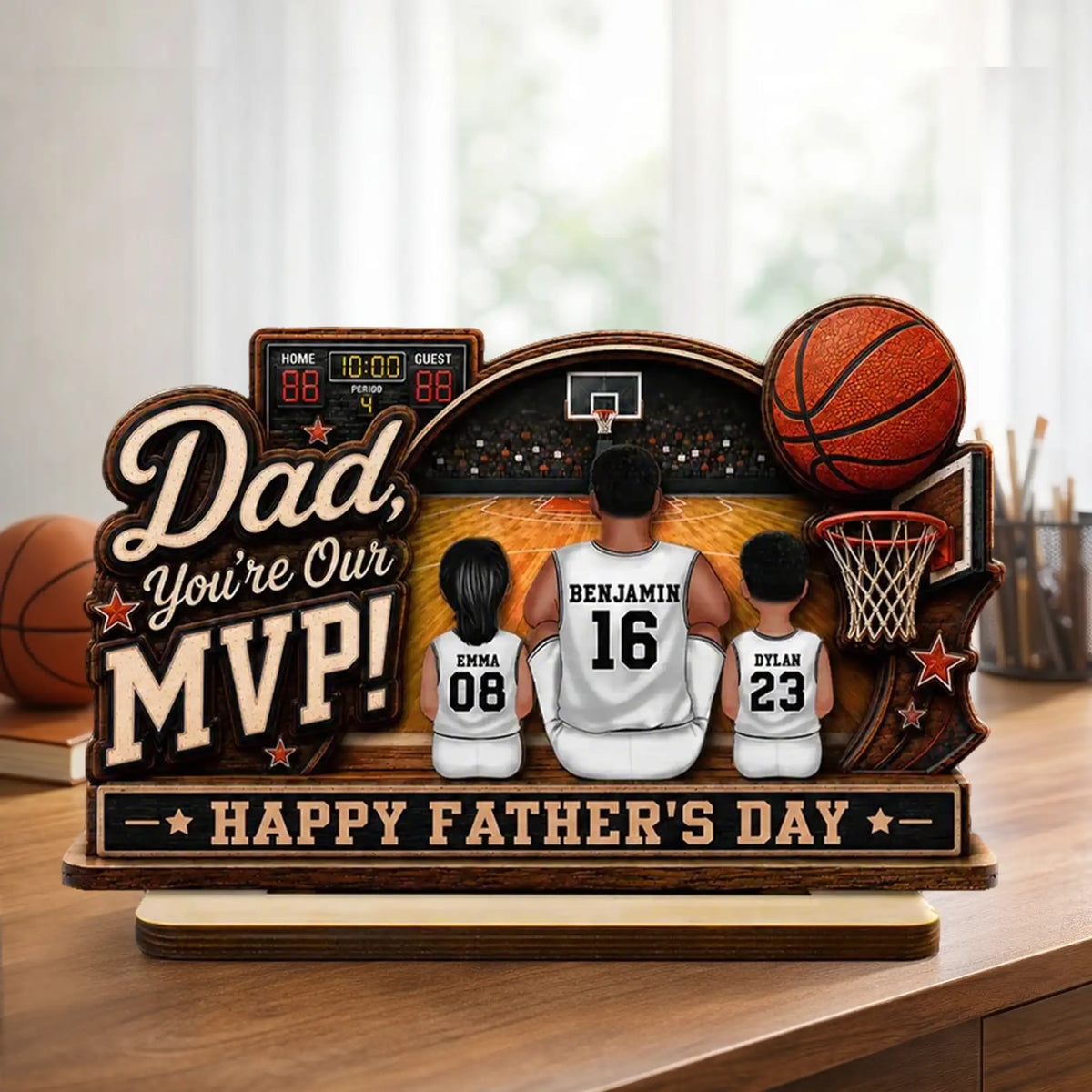 Dad You're Our MVP 2-Layer Wooden Plaque, Custom Basketball Court Keepsake, Creative Gift for Dad