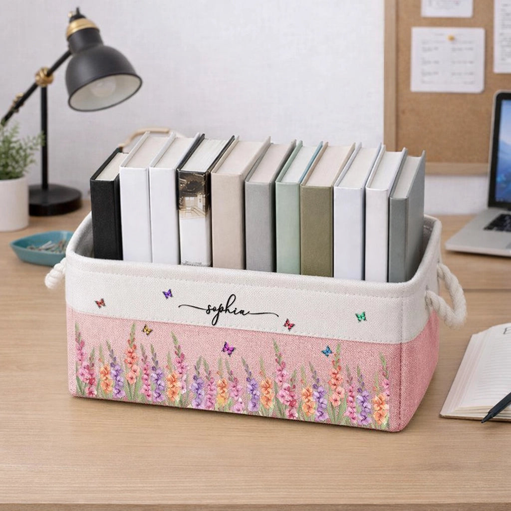 Personalized Cotton Linen Rope Basket, Pink Floral Organizer For Her, Unique Creative Gift For Home Decor