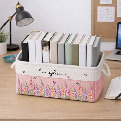 Personalized Cotton Linen Rope Basket, Pink Floral Organizer For Her, Unique Creative Gift For Home Decor