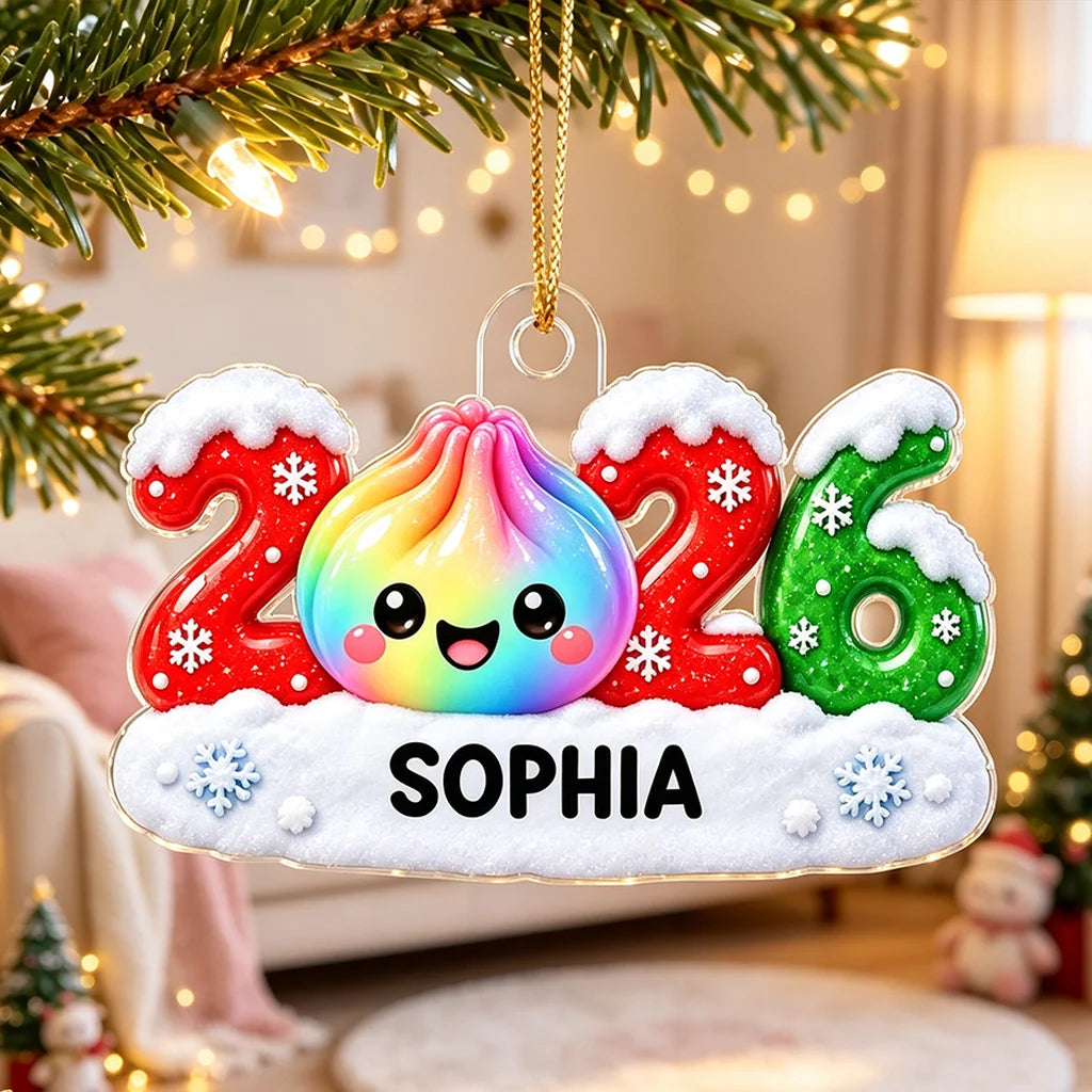 Personalized Acrylic Ornament with Cute Rainbow Dumpling and Snowflakes, Unique Christmas Gift for Kids