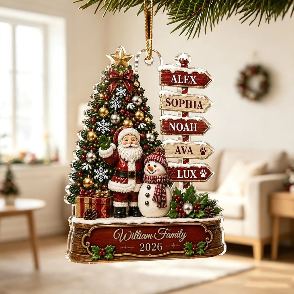 Personalized Acrylic Ornament with Santa, Snowman & Family Signpost, Unique Christmas Gift for Family