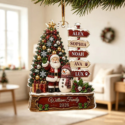Personalized Acrylic Ornament with Santa, Snowman & Family Signpost, Unique Christmas Gift for Family