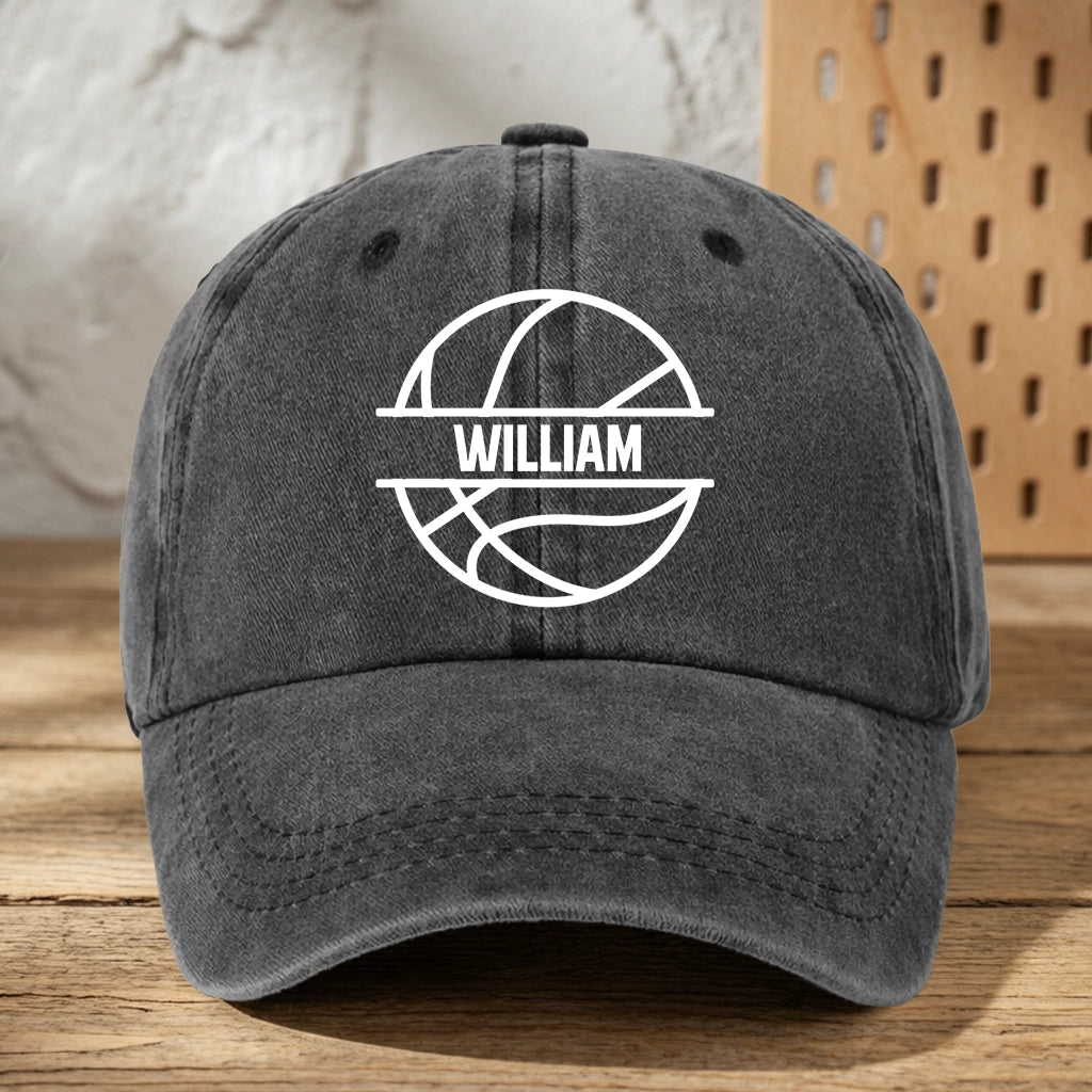Personalized Washed Denim Baseball Cap with Basketball Graphic, Unique Gift for Players & Sports Fans