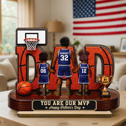 Personalized 2-Layer Wooden Plaque, Basketball Dad MVP Design, Unique Gift for Father's Day