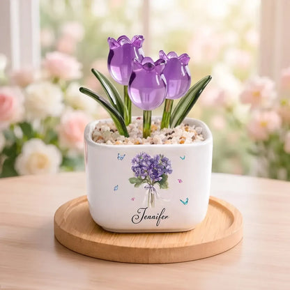 Personalized Square Glass Planter with Purple Tulips, Birth Month Flower Unique Creative Gift for Her