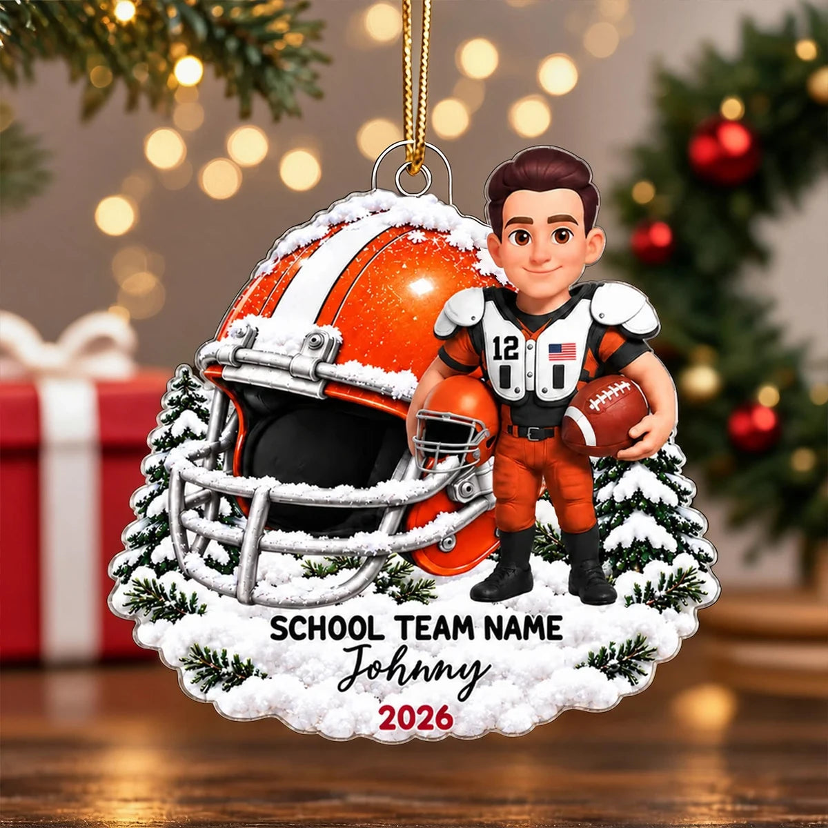 Personalized Acrylic Ornament, Snowy Football Player Scene, Unique Keepsake Gift for Son or Grandson