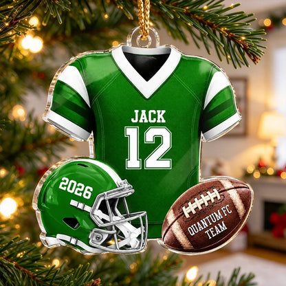 Personalized Acrylic Ornament, Green Football Jersey and Helmet, Unique Christmas Gift for Football Fans