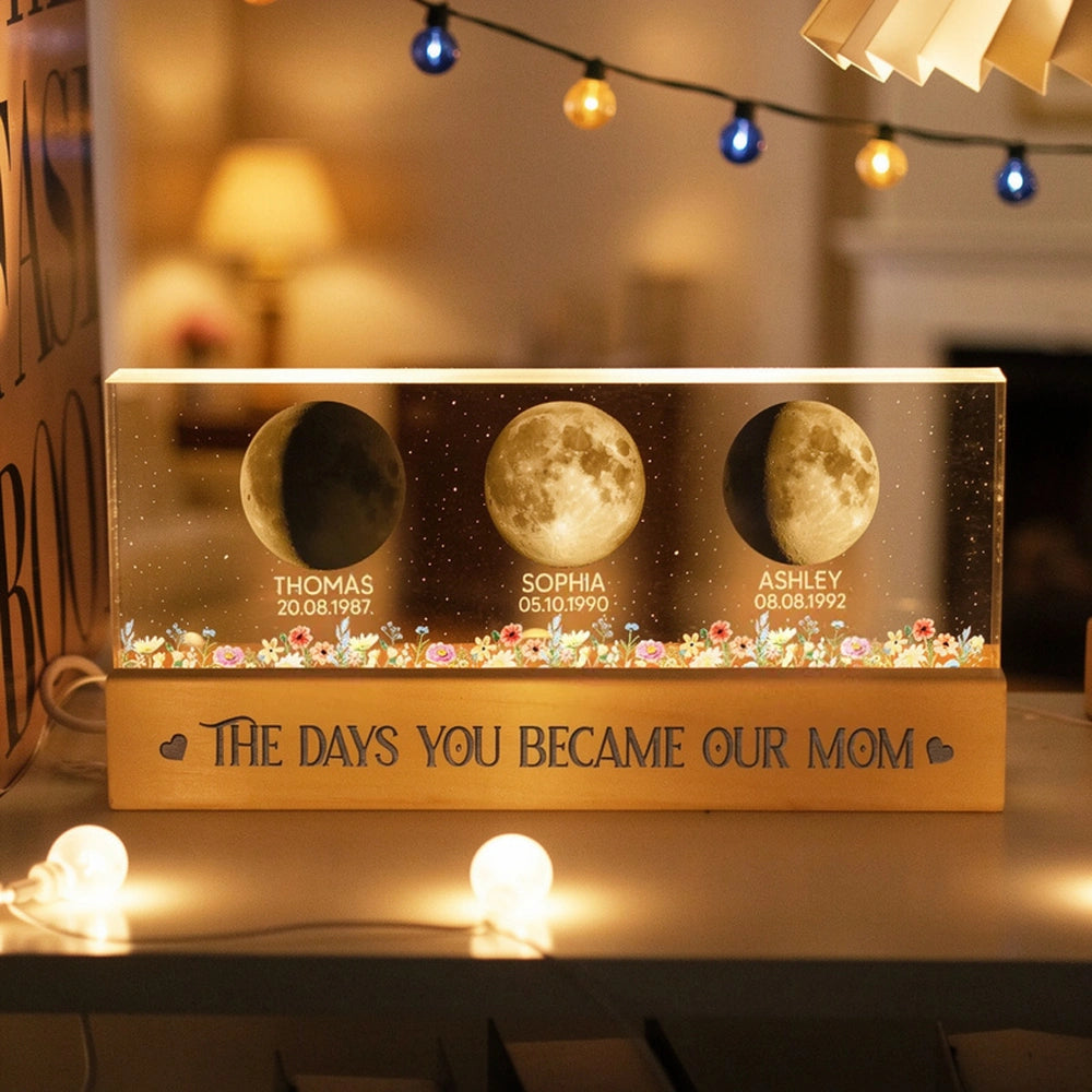 Personalized Block LED Light Plaque Moon Phases for Mom, The Days You Became Our Mom, Warm Night Light Gift