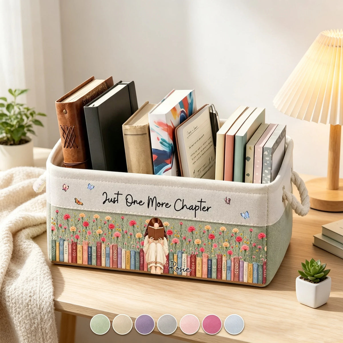 Personalized Cotton Linen Rope Basket, Girl Reading in a Flower Garden, Unique Gift for Book Lovers