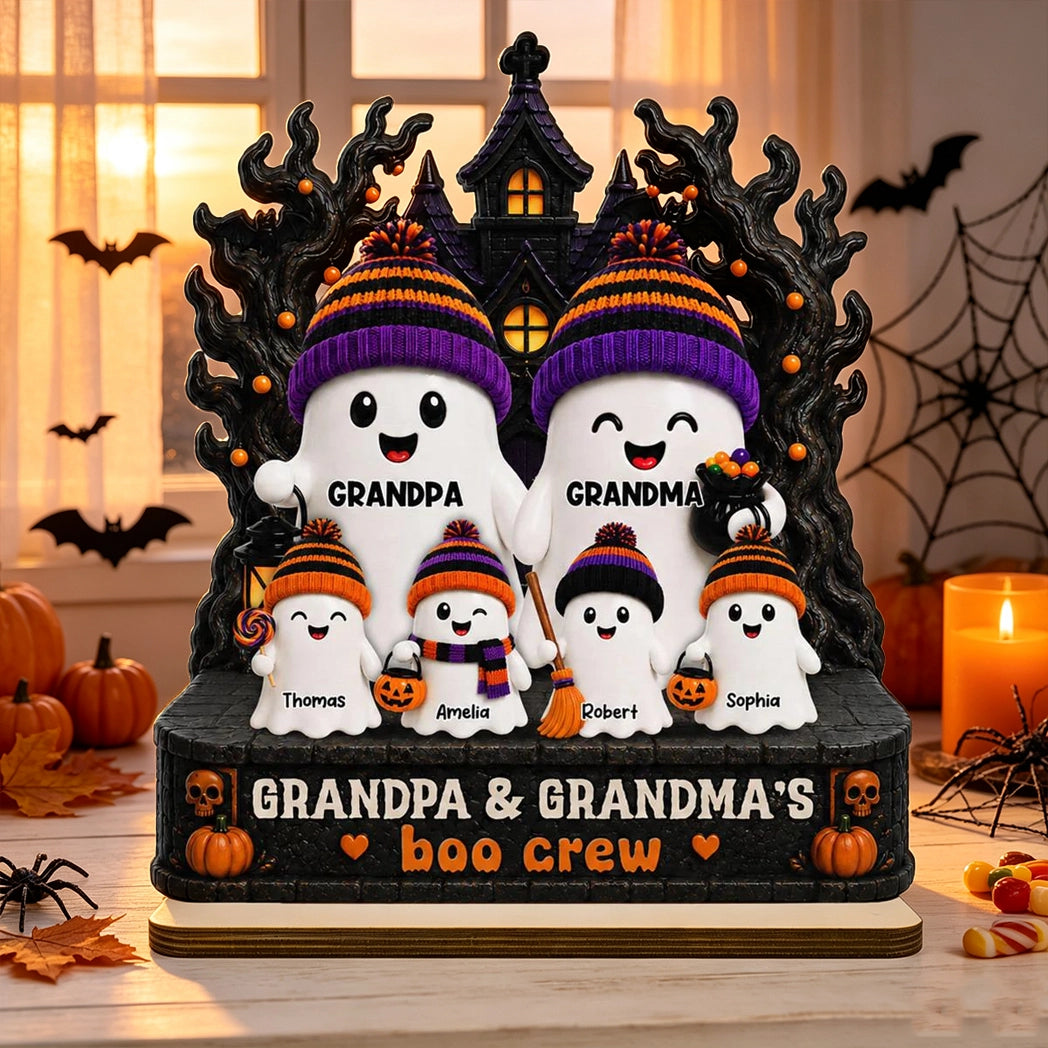2-Layer Wooden Plaque, Grandpa & Grandma's Boo Crew Haunted House, Creative Gift for Grandparents