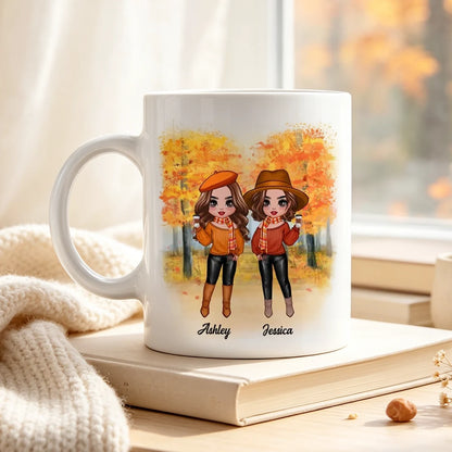 Personalized Mug, Warm Orange Cartoon Sisters Holding Drinks, Creative Sister Bond Gift