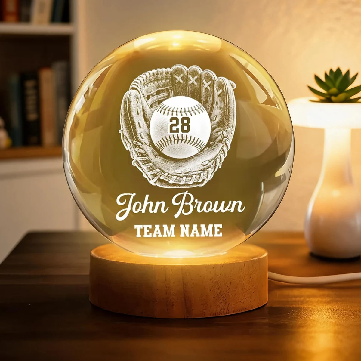 Personalized Baseball Globe Lamp with Glove and Ball, Warm Amber Unique Gift for Players and Fans