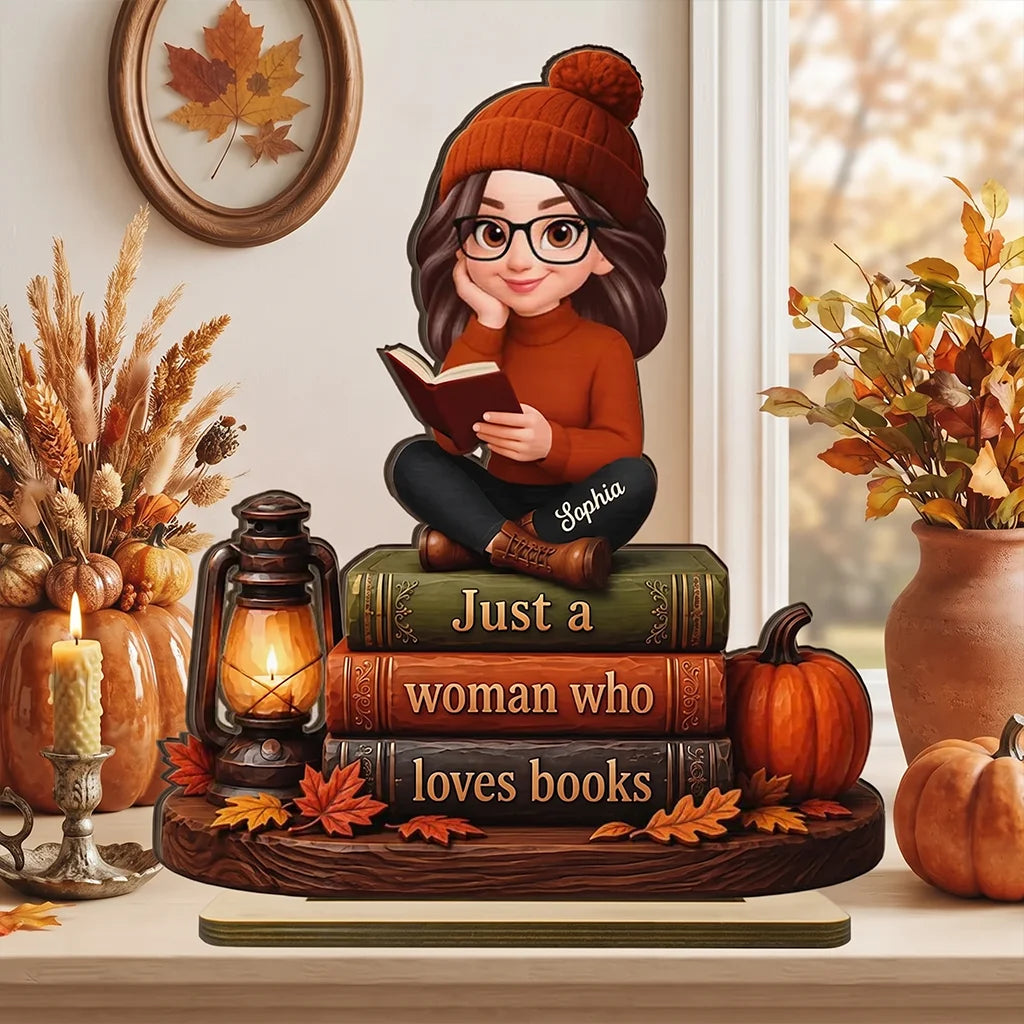 Personalized 2-Layer Wooden Plaque, Woman Reading Books Fall Decor, Unique Gift for Book Lovers